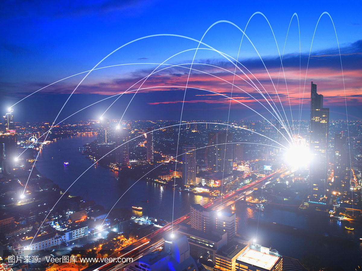 商業網絡連接概念和城市Wi-Fi。技術交流。背景模糊了首都的建筑。